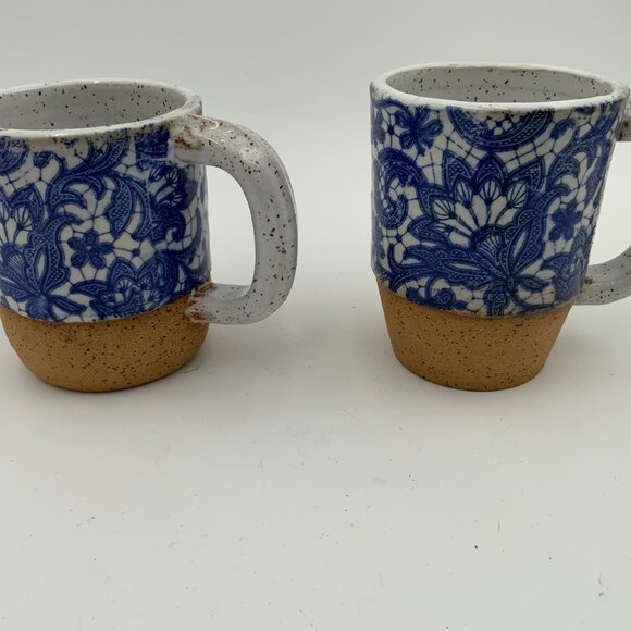 (2) Handcrafted Blue and White Floral Transferware White Speckled Coffee Mugs - Picture 2 of 13